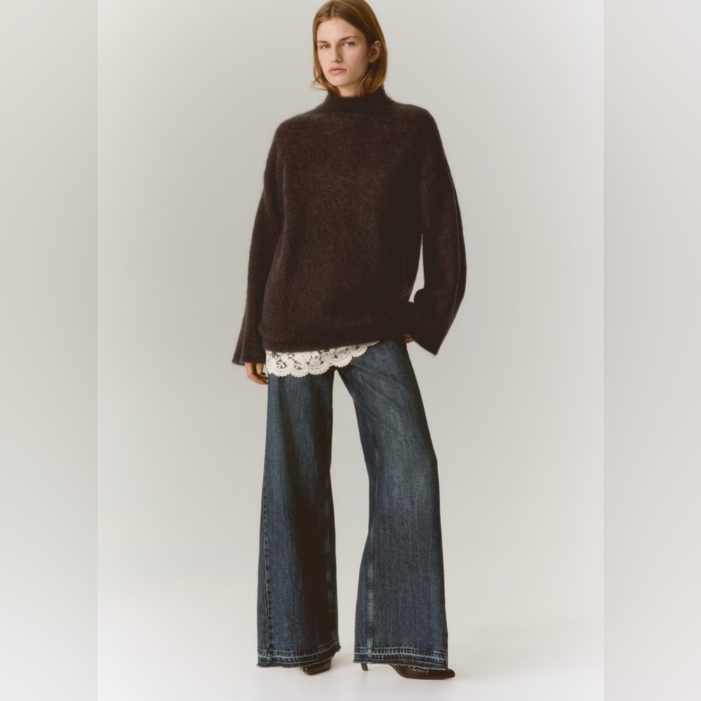 H&M Premium Selection Lace Trimmed Mohair Blend Sweater (Dark Brown & Cream) S - Picture 1 of 8